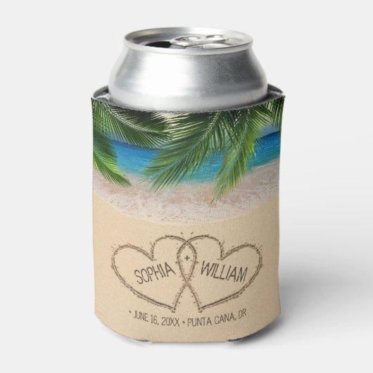 Strand Zand Harten Palm Bruiloft Tropisch Blikjeskoeler (Blikje Voorkant)