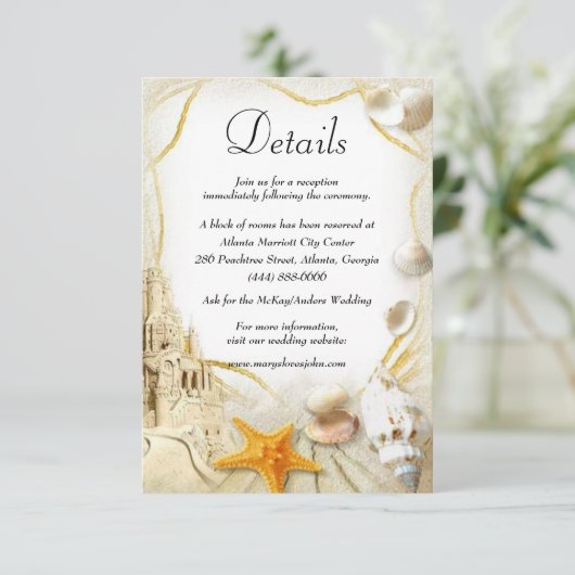 Strand Zand Kasteel Bruiloft Details Informatiekaartje (Staand voorkant)