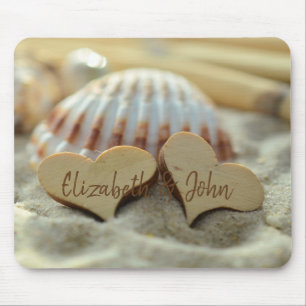 Strand,Zand,Schelp,Houten Harten -Persoonlijk Muismat
