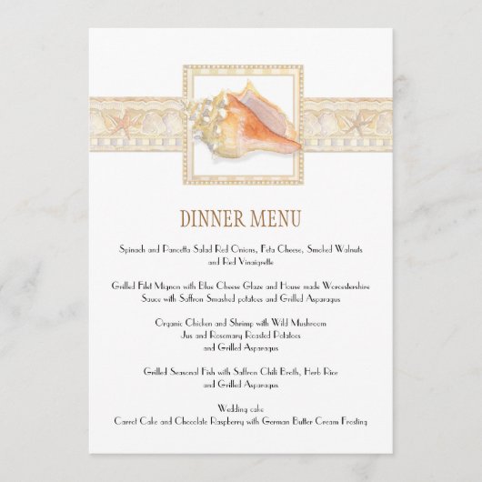 Strand Zand Streep Conch Shell Elegante Bruiloften Menu (Voorkant)