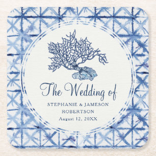 Strand Zee Koraal Shibori Navy Blue Ocean Wedding Vierkante Kartonnen Onderzetter
