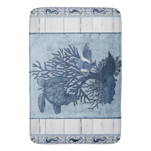 Strand Zee Schildpad Zeepaardje Blauw Rustieke Wat Badmat (Voorkant Verticaal)