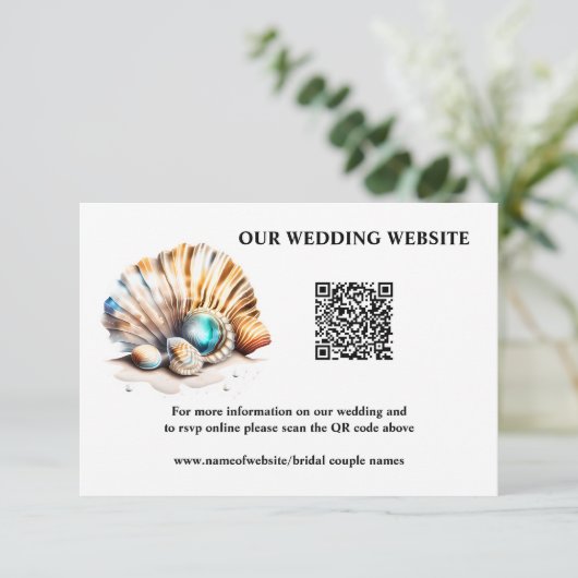 Strand zeeschelpen nautische online QR code rsvp Informatiekaartje (Staand voorkant)