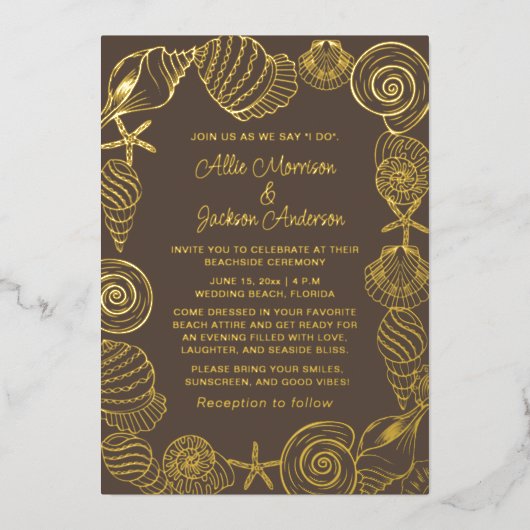 Strand Zeeschelpen Zand Seaside Bruiloft Folie Feestdagenkaart (Voorkant)