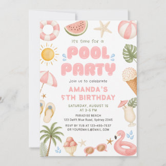 Strand Zomer Zwembad Feest Verjaardag Foto Uitnodi Kaart