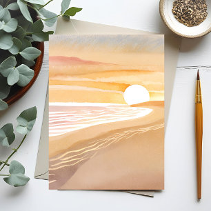 Strand Zonsondergang Aquarel Mooie Gele Vakantie Briefkaart