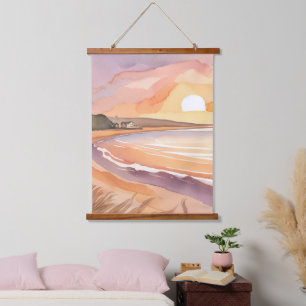 Strand Zonsondergang Aquarel Mooie Oceaans Schil Hangend Wandkleed