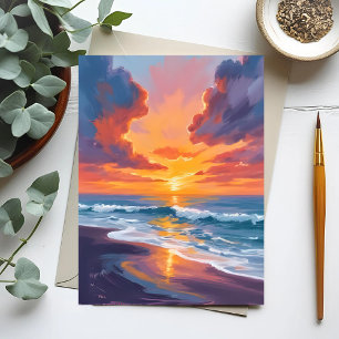 Strand Zonsondergang Aquarel Oceaan Schilderij Briefkaart