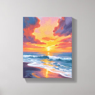 Strand Zonsondergang Aquarel Oceaan Schilderij Canvas Afdruk