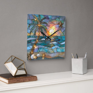 Strand Zonsondergang Glas-in-lood Wandklok Vierkante Klok