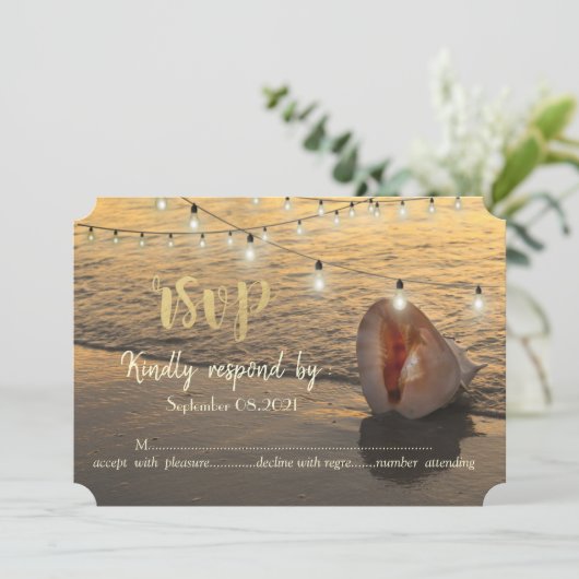 Strand Zonsondergang, Lichtslingers Schelp RSVP Kaart (Staand voorkant)