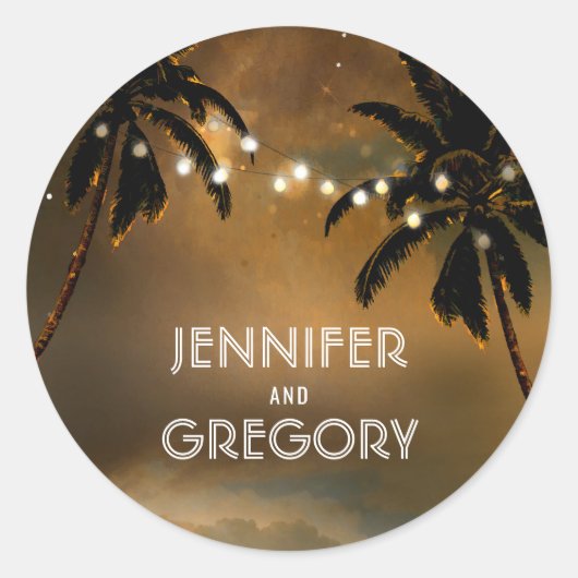 Strand Zonsondergang Palm String Lights Bruiloft Ronde Sticker (Voorkant)