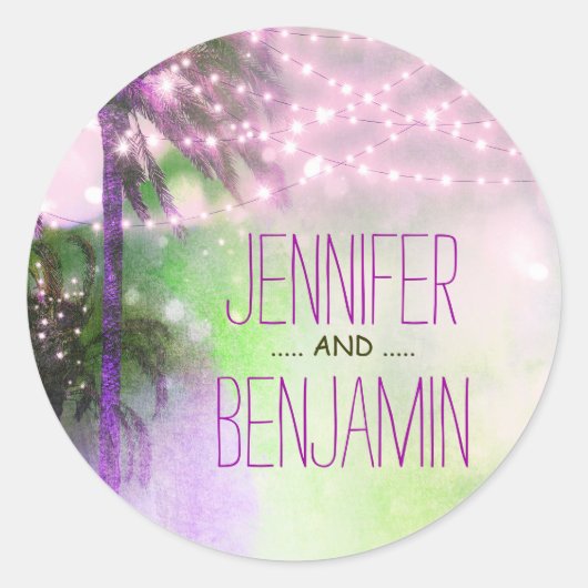 Strand Zonsondergang Palm String Lights Paarse bru Ronde Sticker (Voorkant)