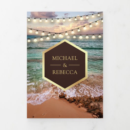 Strand Zonsondergang String Licht Alles in één fot Drieluik Uitnodiging (Cover)