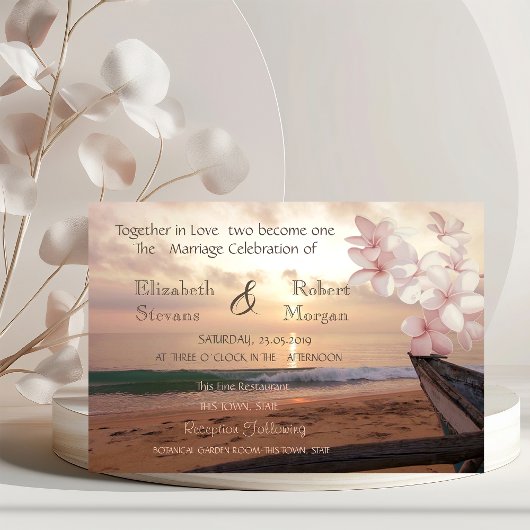 Strand Zonsondergang Trouwuitnodiging Plumeria Kaart