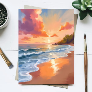 Strand Zonsondergang Watercolor Schilderij Zee Gou Briefkaart