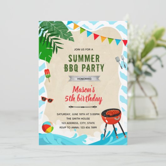 Strand zwembad bbq verjaardagsfeestje uitnodiging (Staand voorkant)