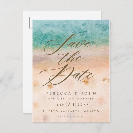 strandbestemming bruiloft met datumkaart aankondigingskaart (Voorkant / Achterkant)