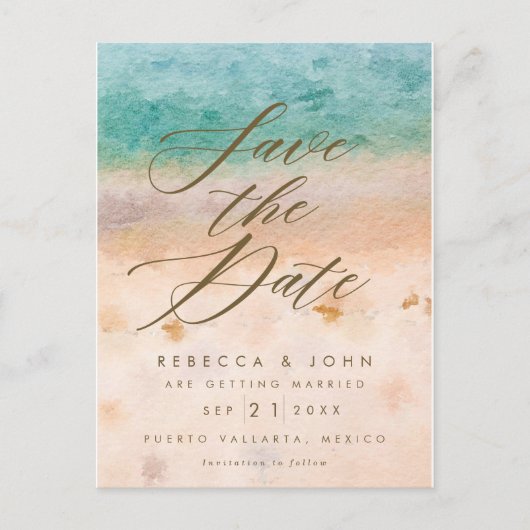 strandbestemming bruiloft met datumkaart aankondigingskaart (Voorkant)