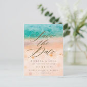 strandbestemming bruiloft met datumkaart aankondigingskaart (Staand voorkant)
