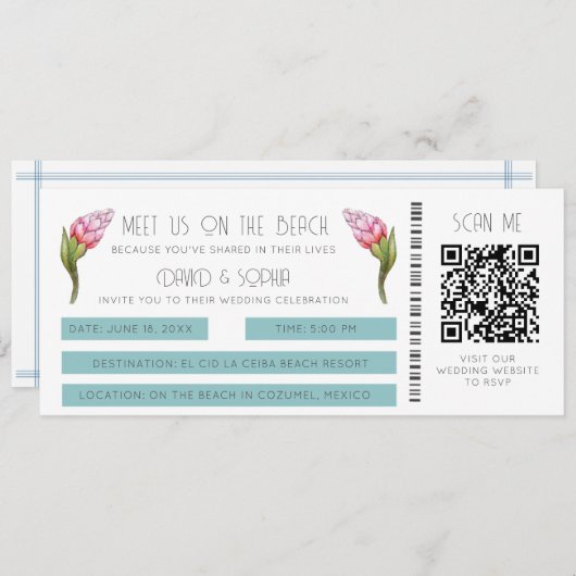 Strandbestemming bruiloft QR Code Boarding Pass Kaart (Voorkant / Achterkant)