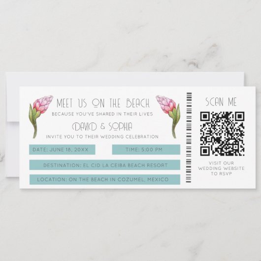 Strandbestemming bruiloft QR Code Boarding Pass Kaart (Voorkant)