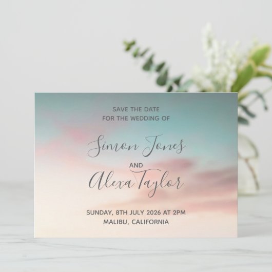 Strandbestemming bruiloft save the date (Staand voorkant)