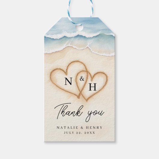 Strandbruiloft Bedankt Label met zandharten Cadeaulabel (Voorkant)