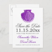 Strandbruiloft Bewaar de datum Scallop Shell Paars Aankondigingskaart (Voorkant / Achterkant)