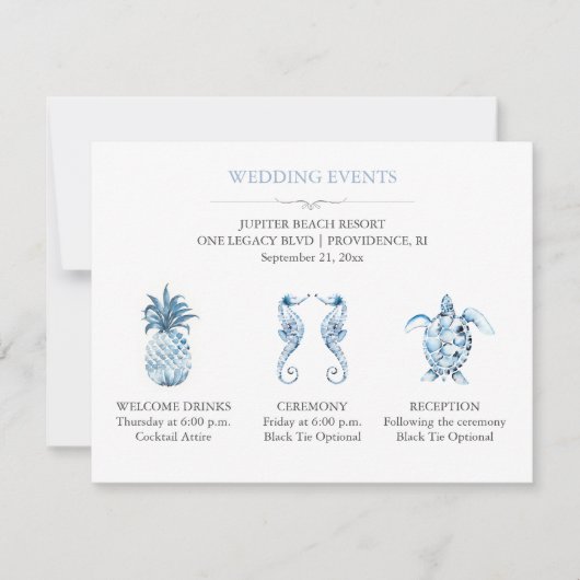 Strandbruiloft Blue Beach evenementdetails met QR- Kaart (Voorkant)
