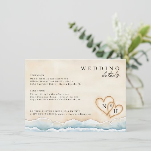 Strandbruiloft Details Kaart met Waterverf Harten (Staand voorkant)