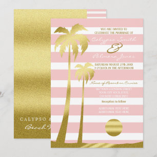Strandbruiloft Gouden Glitter Palmbomen Roze Strep Kaart