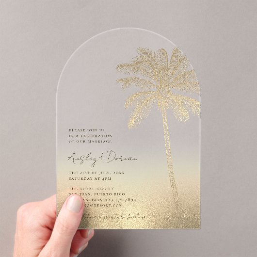 Strandbruiloft Gouden Zand Palm Tree Arch Boho Acryl Uitnodigingen (Insitu (Draagbaar))