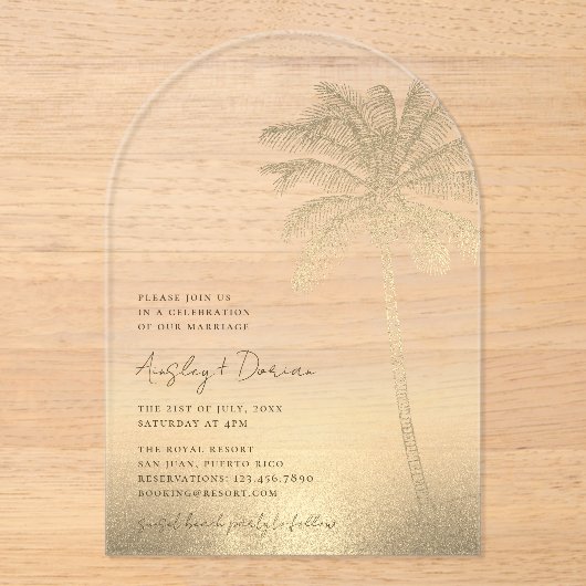 Strandbruiloft Gouden Zand Palm Tree Arch Boho Acryl Uitnodigingen (Voorkant)