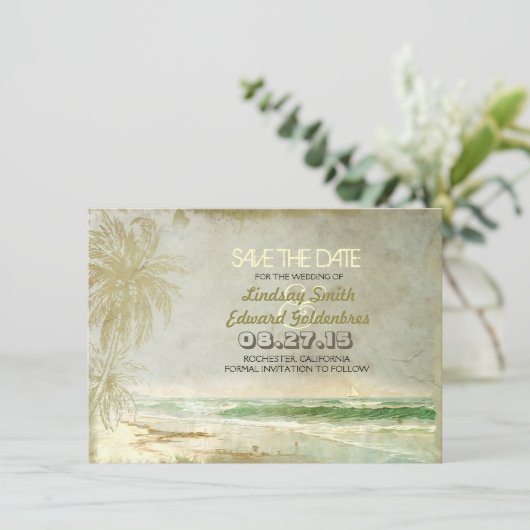 strandbruiloft met de datumkaart save the date (Staand voorkant)