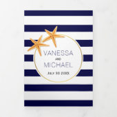 Strandbruiloft met Starfish and marvy blue strepen Drieluik Uitnodiging (Cover)