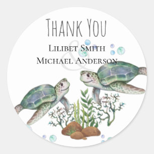 Strandbruiloft met zeeschildpadden ronde sticker