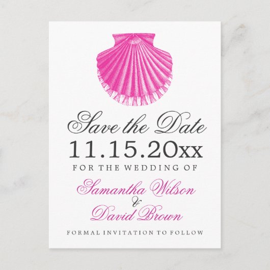Strandbruiloft Save The Date Scallop Shell Roze Aankondigingskaart (Voorkant)