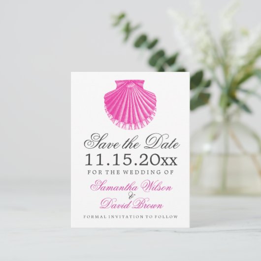 Strandbruiloft Save The Date Scallop Shell Roze Aankondigingskaart (Staand voorkant)