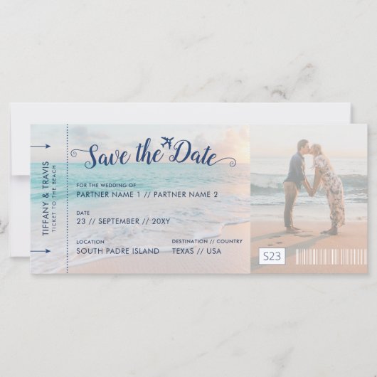 Strandbruiloft Save the Date Ticket (Voorkant)
