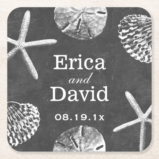 Strandbruiloft Starfish & Seashells Krijtbord Vierkante Kartonnen Onderzetter (Voorkant)