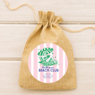 Strandclub Roze Cabana Streep Verjaardagsfeestje Ronde Sticker