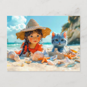 Stranddag met schelpen en een kat feestdagenkaart