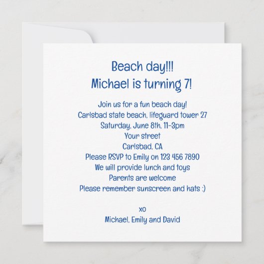 Stranddag, verjaardagsfeestje op het strand, haai  kaart (Achterkant)