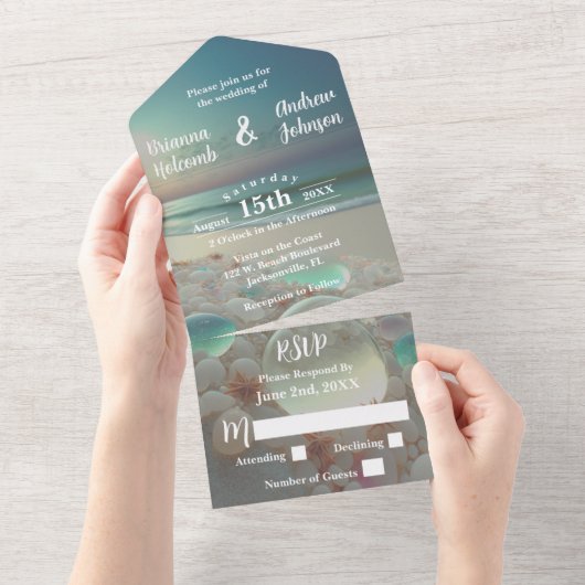 Stranden Bruiloft van Zee Glas Kust  All In One Uitnodiging (Afscheurbaar)