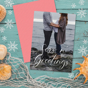 Stranden en Kerstgroeten Strand Script Kerst Fot Feestdagenkaart