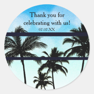 Strandfeest Palmboom Tropisch Blauw Feestartikel Ronde Sticker