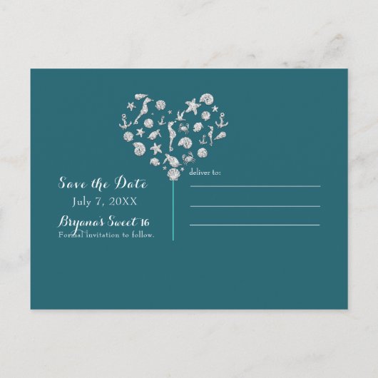 Strandfeest Teal Diamonds Uitnodiging Save the Dat (Achterkant)