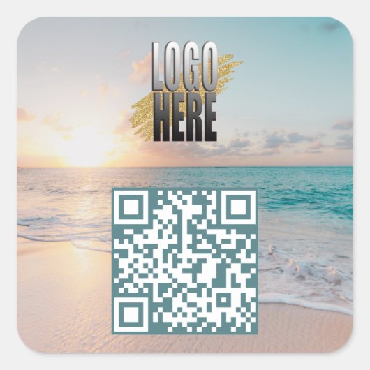 Strandfoto QR-code met zakelijke Logo Vierkante Sticker (Voorkant)