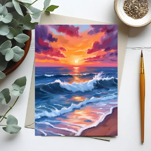 Strandgolven bij zonsondergang aquarel Oceaan Briefkaart